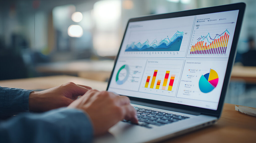 web analytics dashboard. marketing data visualization. statistical graphs and reports. businessperson analyzing website traffic using a laptop computer.