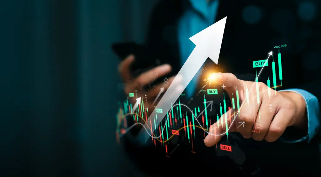 businessman using smartphone to analyze stock market trends with digital financial chart, upward arrow, candlestick graphs indicating investment growth, trading strategies, and financial opportunities